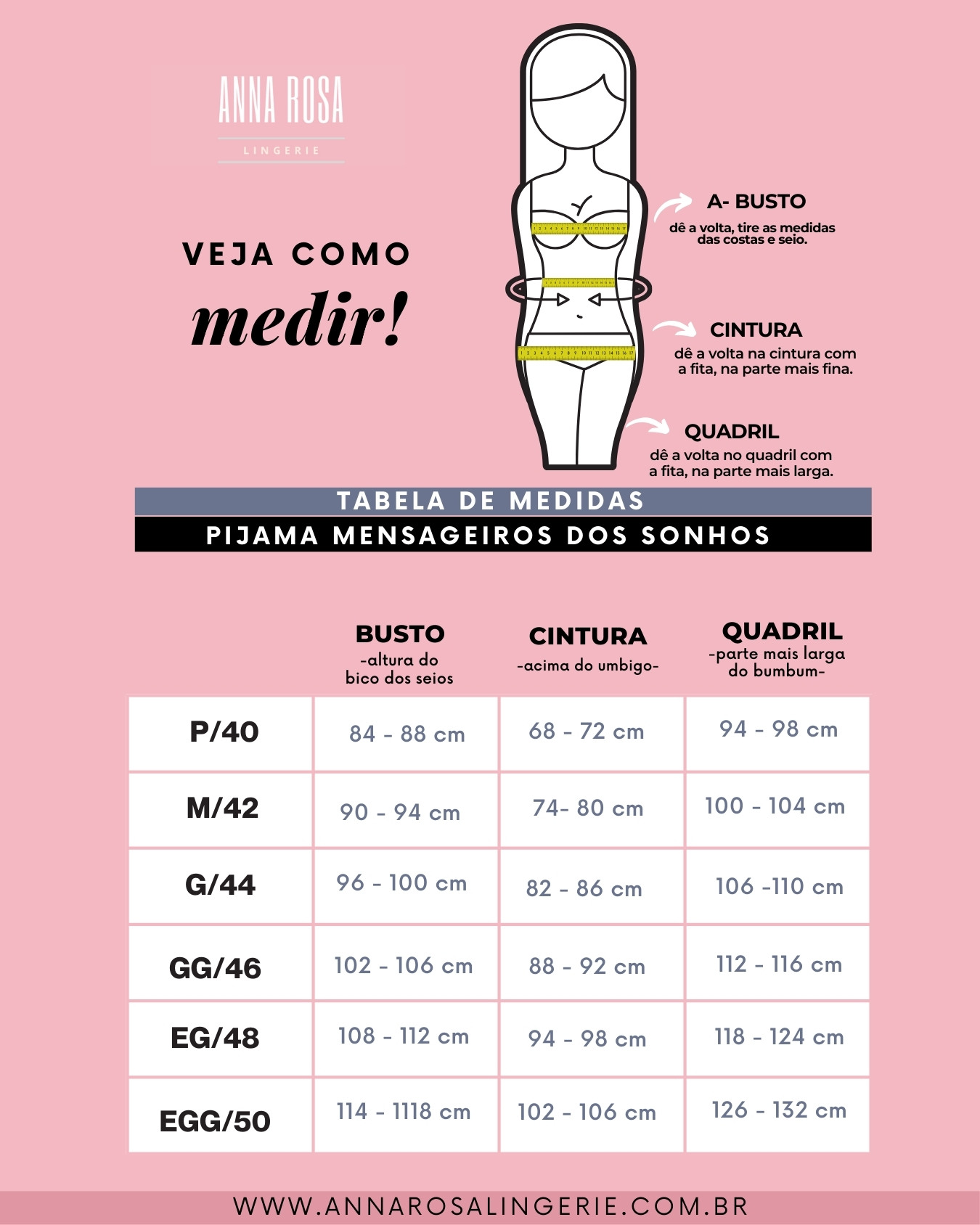 TABELA MEDIDAS MENSAGEIROS DOS SONHOS PIJAMA